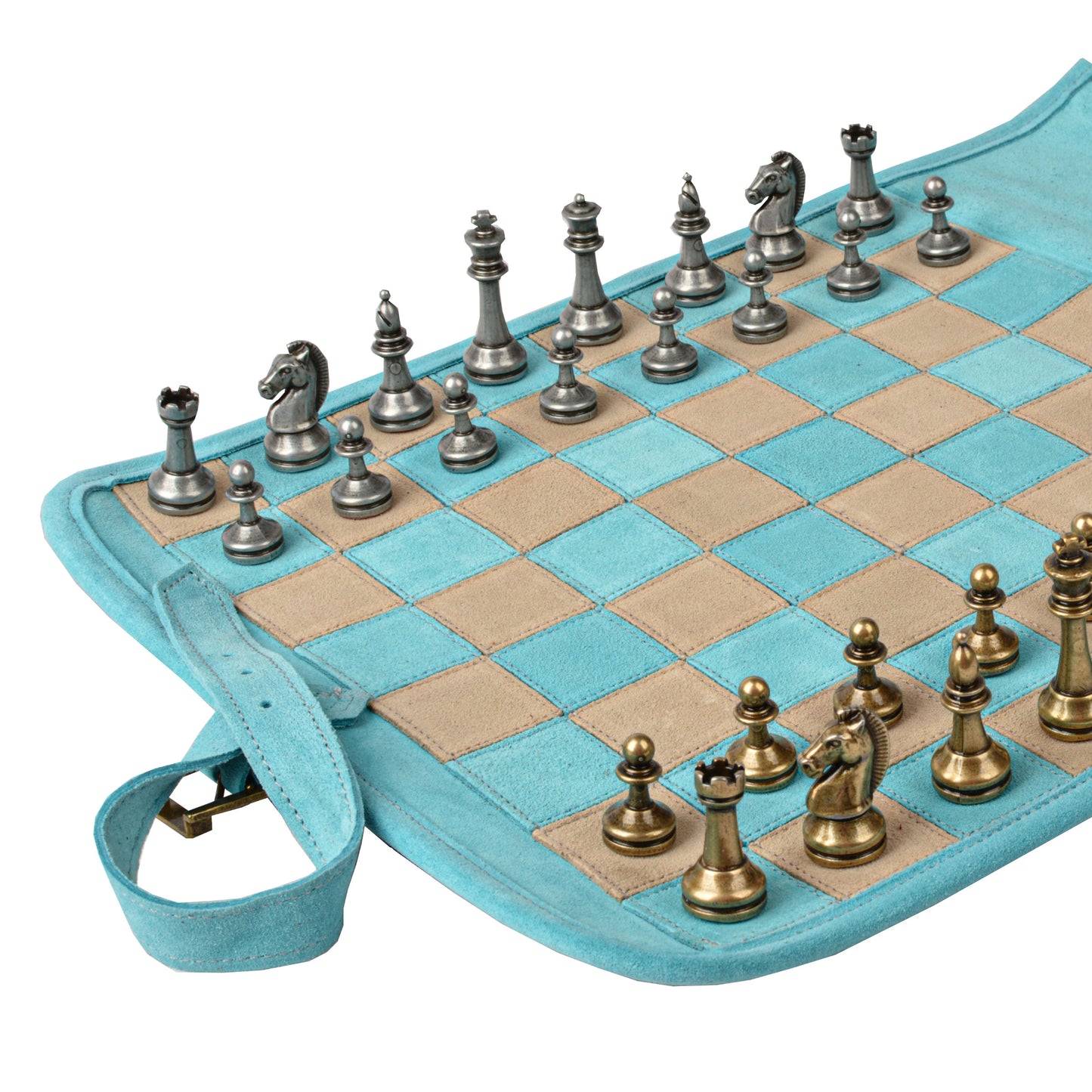 Premium Handcrafted Turquoise Suede Roll-Up Chess Set with Metal Chessmen