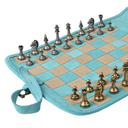 Premium Handcrafted Turquoise Suede Roll-Up Chess Set with Metal Chessmen