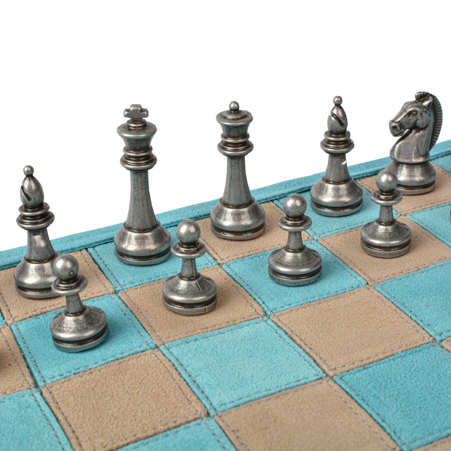 Premium Handcrafted Turquoise Suede Roll-Up Chess Set with Metal Chessmen
