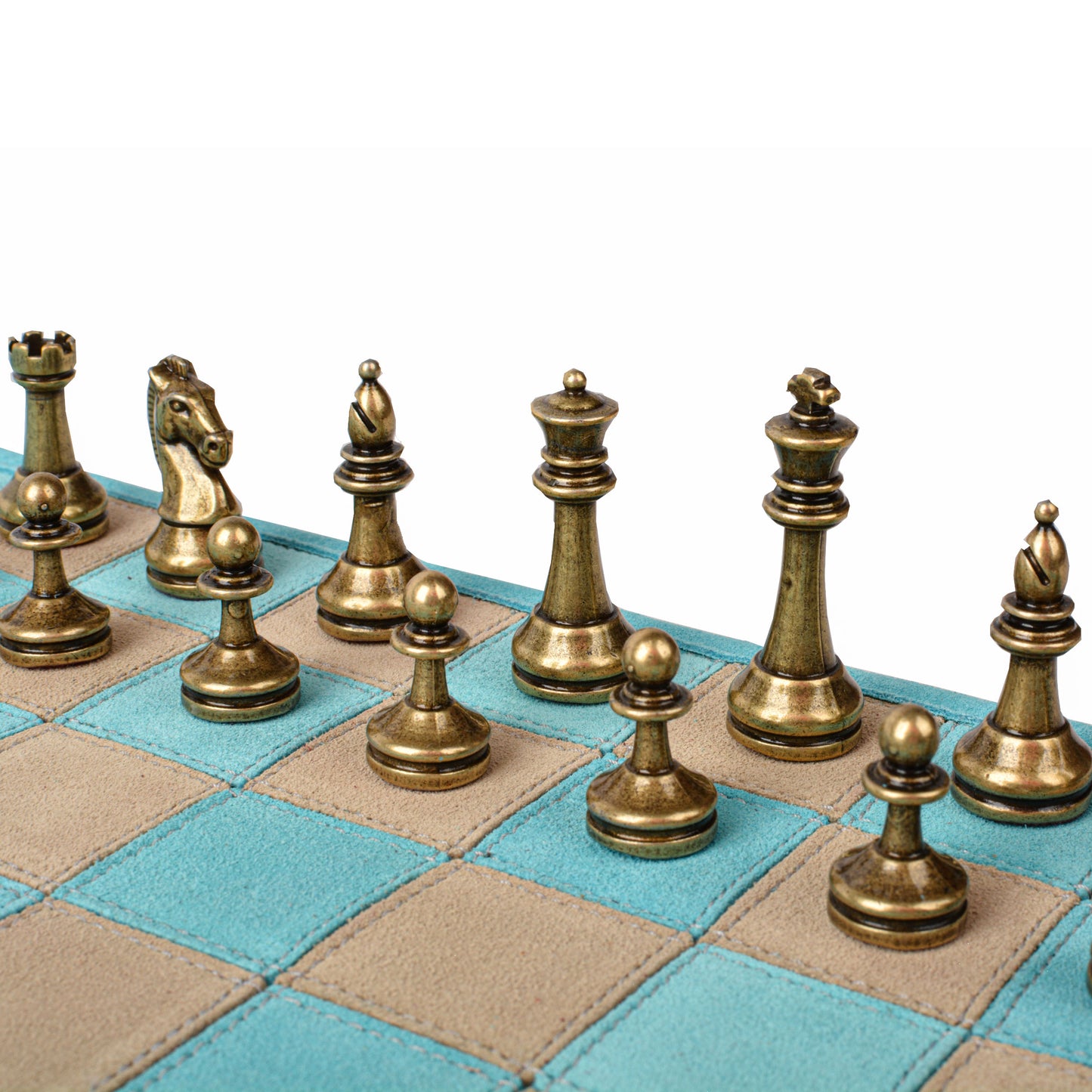 Premium Handcrafted Turquoise Suede Roll-Up Chess Set with Metal Chessmen
