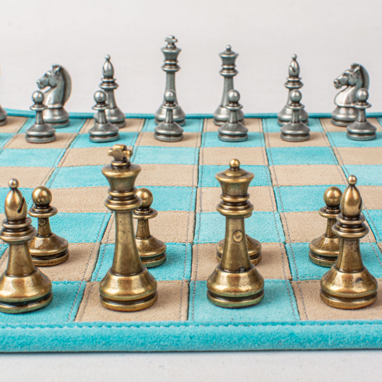 Premium Handcrafted Turquoise Suede Roll-Up Chess Set with Metal Chessmen