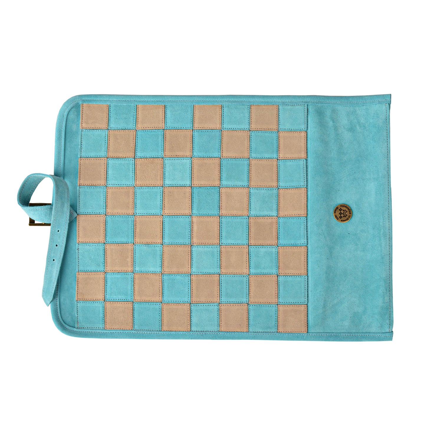 Premium Handcrafted Turquoise Suede Roll-Up Chess Set with Metal Chessmen