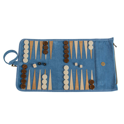 Premium Handcrafted RAF Blue Suede Roll-Up Backgammon Set