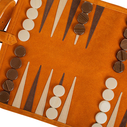 Premium Handcrafted Cinnamon Brown Suede Roll-Up Backgammon Set