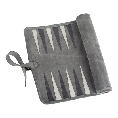 Premium Handcrafted Grey Suede Roll-Up Backgammon Set