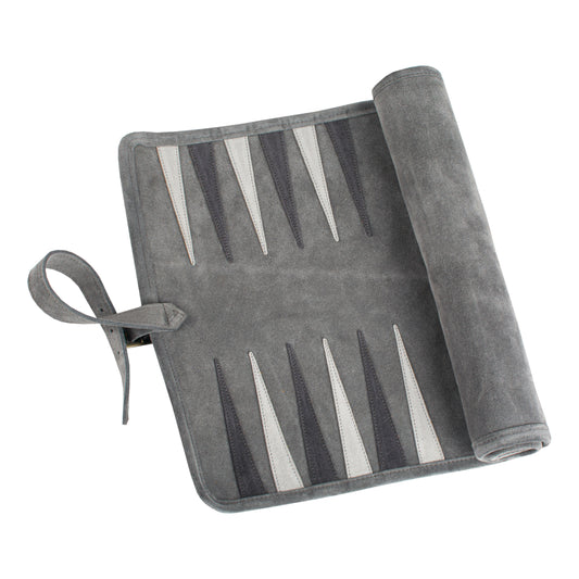 Premium Handcrafted Grey Suede Roll-Up Backgammon Set