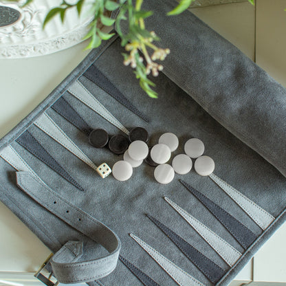 Premium Handcrafted Grey Suede Roll-Up Backgammon Set