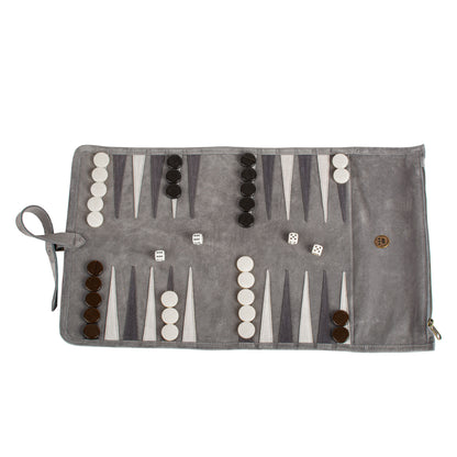 Premium Handcrafted Grey Suede Roll-Up Backgammon Set