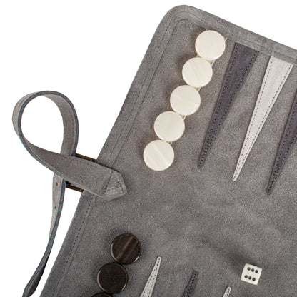 Premium Handcrafted Grey Suede Roll-Up Backgammon Set
