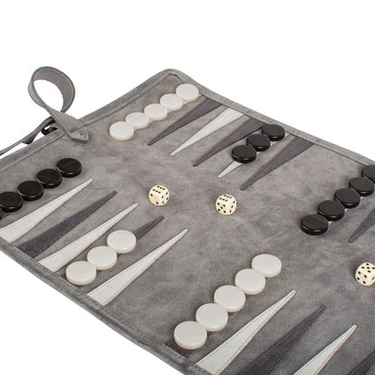 Premium Handcrafted Grey Suede Roll-Up Backgammon Set
