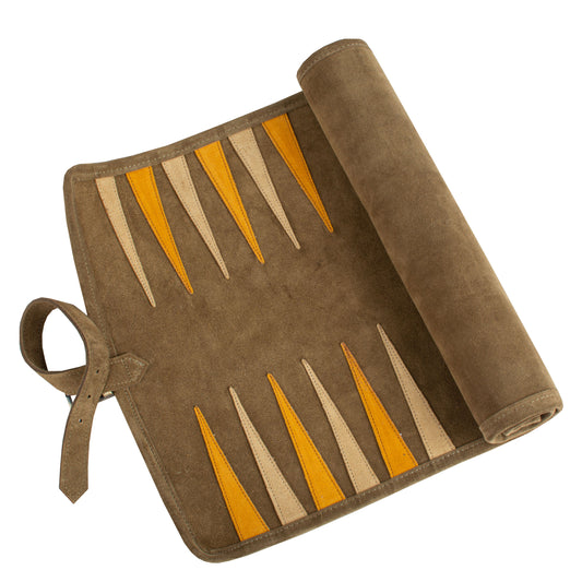 Premium Handcrafted Khaki Brown Suede Roll-Up Backgammon Set
