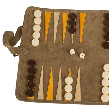 Premium Handcrafted Khaki Brown Suede Roll-Up Backgammon Set