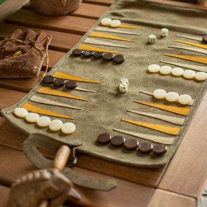 Premium Handcrafted Khaki Brown Suede Roll-Up Backgammon Set