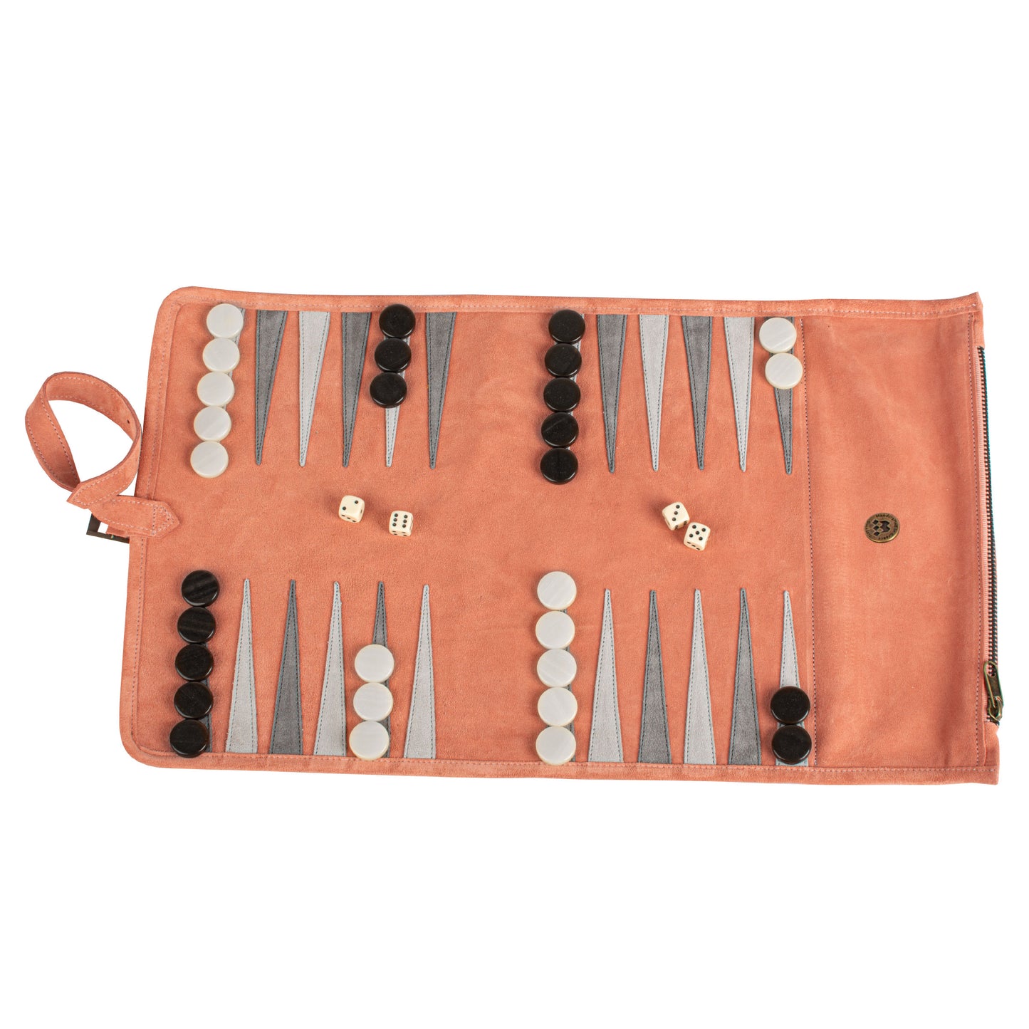 Premium Handcrafted Salmon Suede Roll-Up Backgammon Set