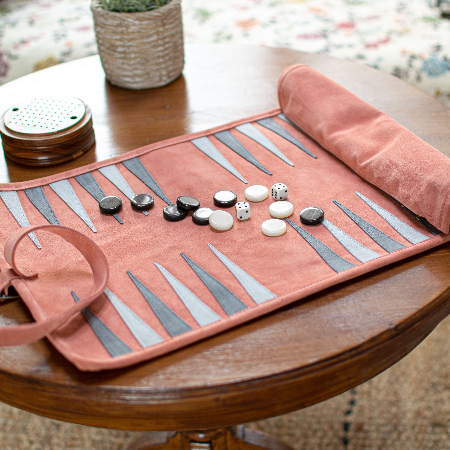 Premium Handcrafted Salmon Suede Roll-Up Backgammon Set