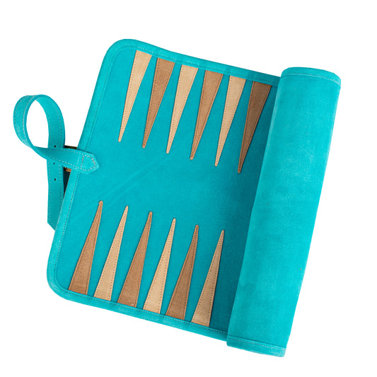 Premium Handcrafted Turquoise Suede Roll-Up Backgammon Set