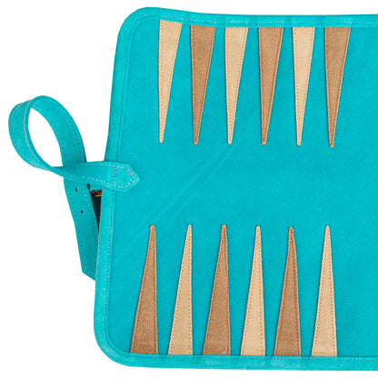 Premium Handcrafted Turquoise Suede Roll-Up Backgammon Set