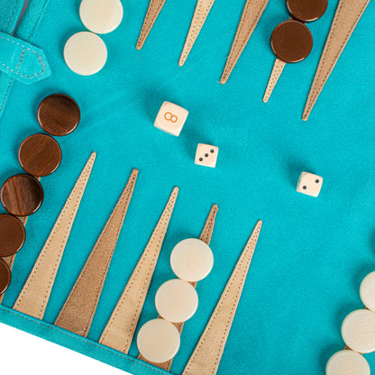 Premium Handcrafted Turquoise Suede Roll-Up Backgammon Set