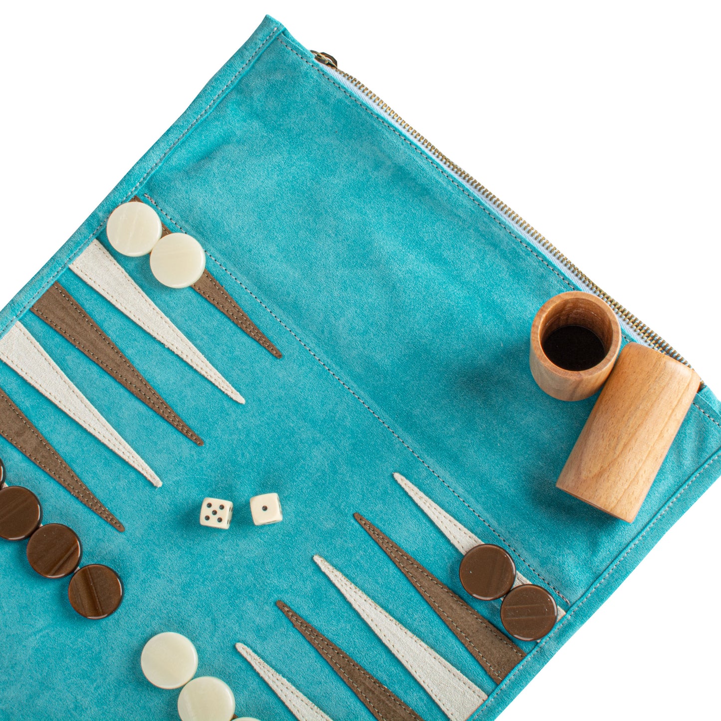 Premium Handcrafted Turquoise Suede Roll-Up Backgammon Set