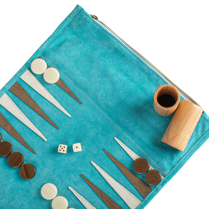 Premium Handcrafted Turquoise Suede Roll-Up Backgammon Set