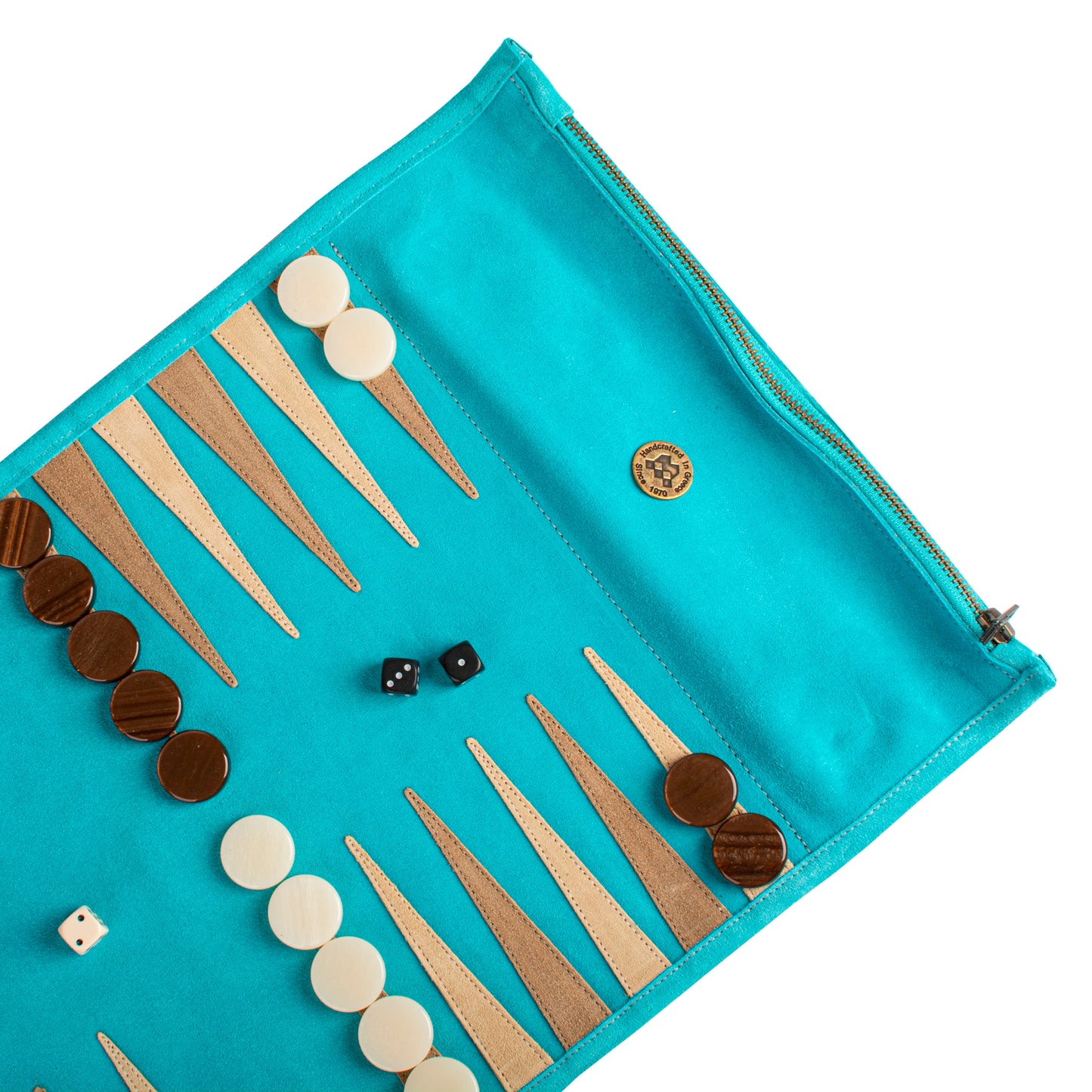 Premium Handcrafted Turquoise Suede Roll-Up Backgammon Set