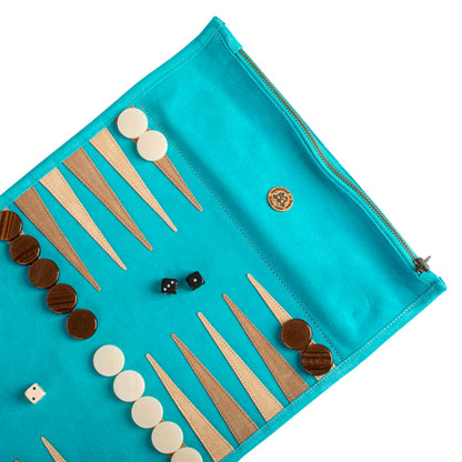 Premium Handcrafted Turquoise Suede Roll-Up Backgammon Set