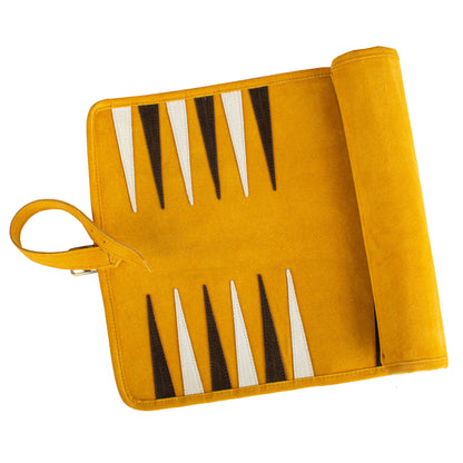 Premium Handcrafted Warm Yellow Suede Roll-Up Backgammon Set