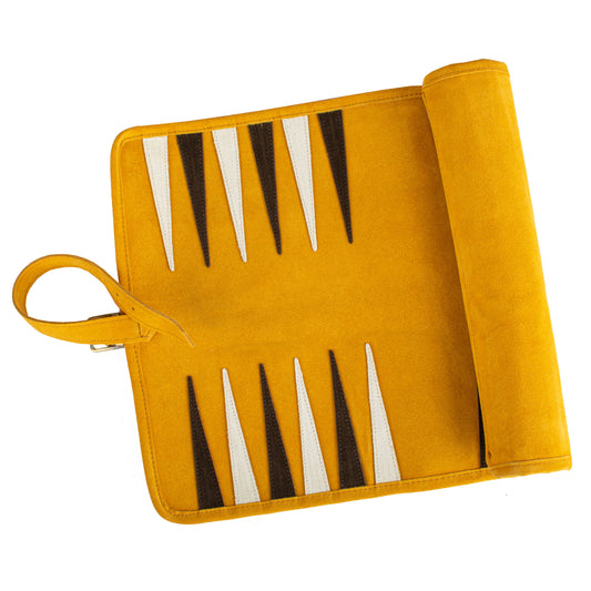 Premium Handcrafted Warm Yellow Suede Roll-Up Backgammon Set