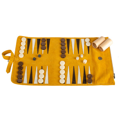 Premium Handcrafted Warm Yellow Suede Roll-Up Backgammon Set