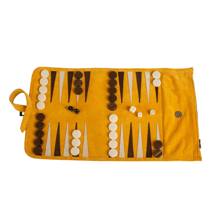 Premium Handcrafted Warm Yellow Suede Roll-Up Backgammon Set