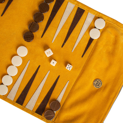 Premium Handcrafted Warm Yellow Suede Roll-Up Backgammon Set