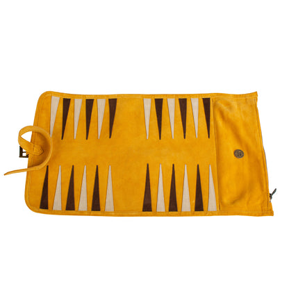 Premium Handcrafted Warm Yellow Suede Roll-Up Backgammon Set