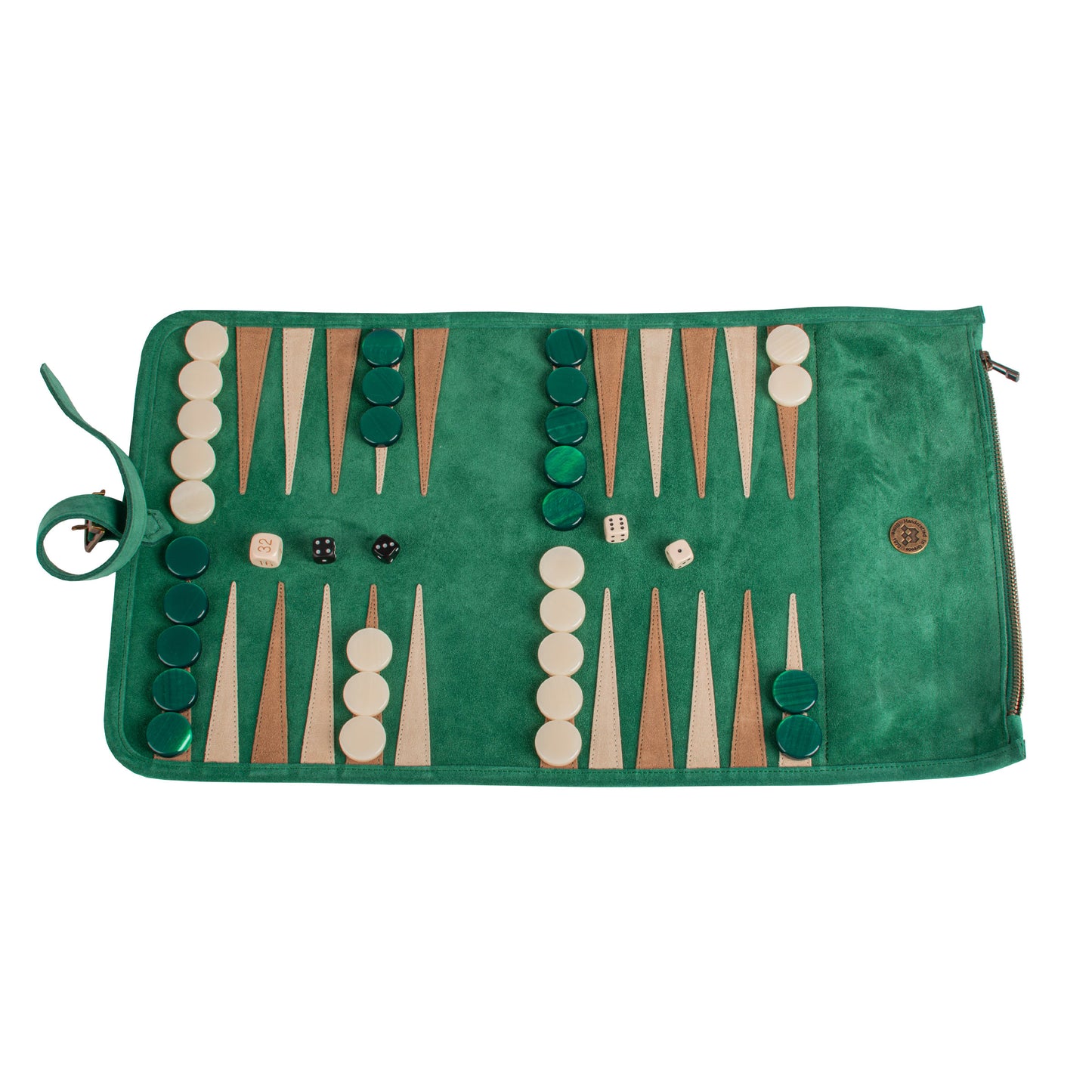 Premium Handcrafted Forest Green Suede Roll-Up Backgammon Set