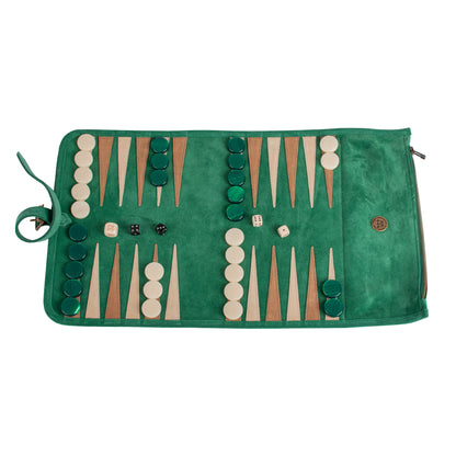 Premium Handcrafted Forest Green Suede Roll-Up Backgammon Set