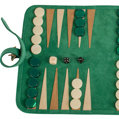 Premium Handcrafted Forest Green Suede Roll-Up Backgammon Set