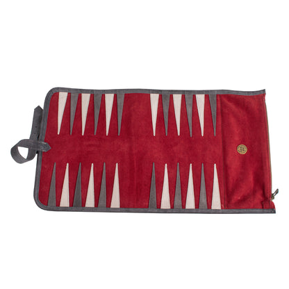 Premium Handcrafted Burgundy Red Suede Roll-Up Backgammon Set