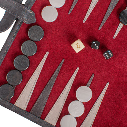 Premium Handcrafted Burgundy Red Suede Roll-Up Backgammon Set