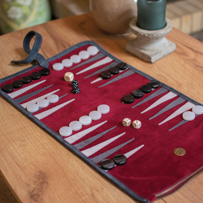 Premium Handcrafted Burgundy Red Suede Roll-Up Backgammon Set