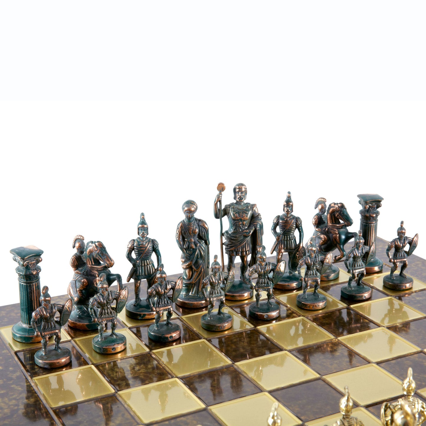 GREEK ROMAN PERIOD CHESS SET with gold/green chessmen and bronze chessboard 44 x 44cm (Large) - Premium Chess from MANOPOULOS Chess & Backgammon - Just €275! Shop now at MANOPOULOS Chess & Backgammon