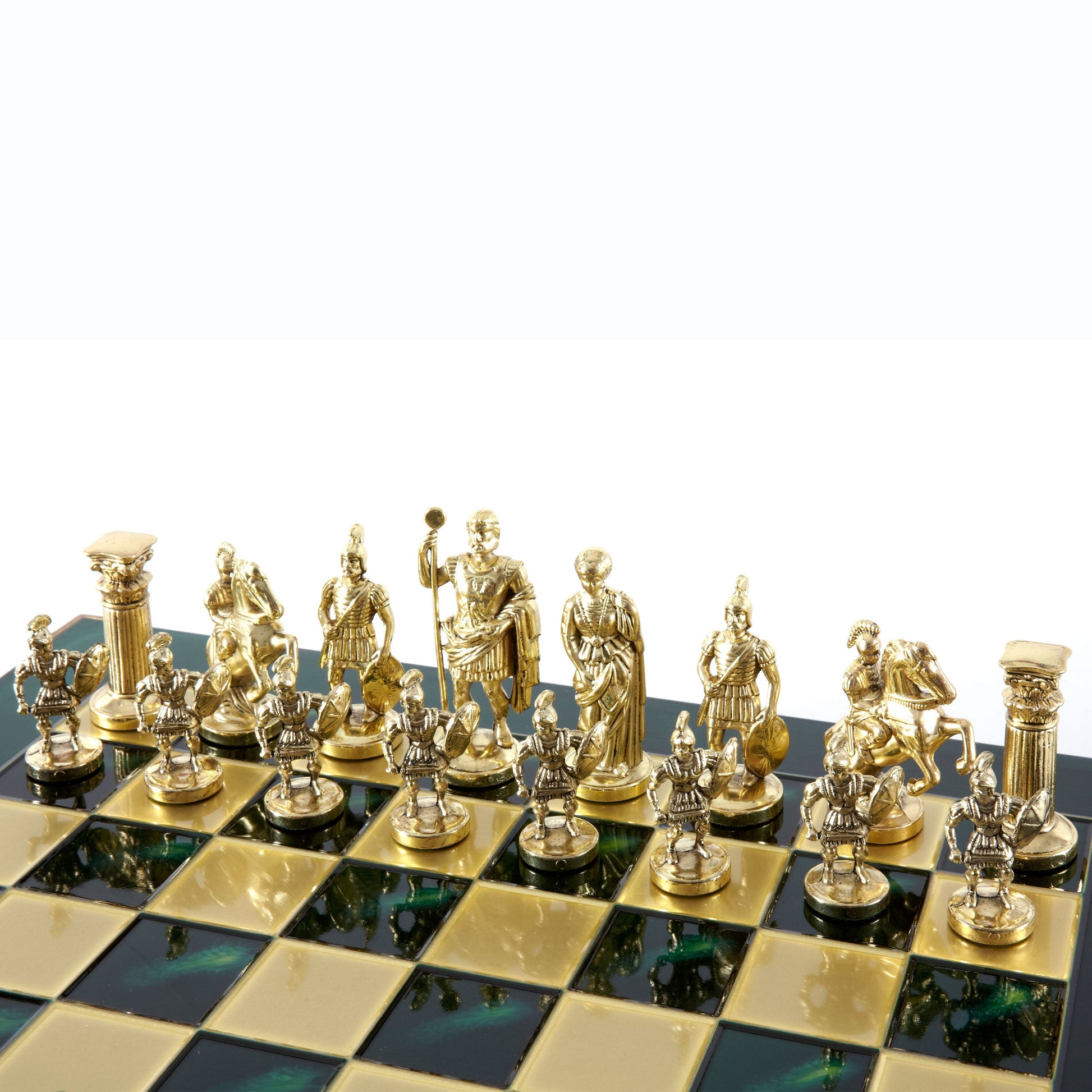 GREEK ROMAN PERIOD CHESS SET with gold/green chessmen and bronze chessboard 44 x 44cm (Large) - Premium Chess from MANOPOULOS Chess & Backgammon - Just €275! Shop now at MANOPOULOS Chess & Backgammon