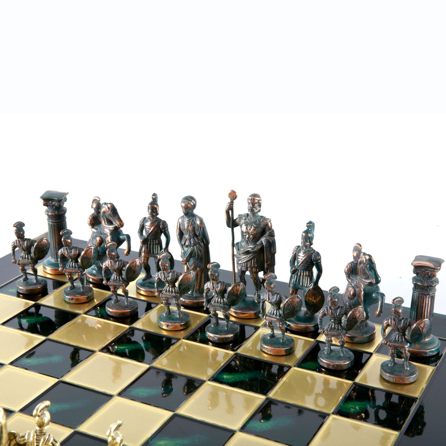 GREEK ROMAN PERIOD CHESS SET with gold/green chessmen and bronze chessboard 44 x 44cm (Large) - Premium Chess from MANOPOULOS Chess & Backgammon - Just €275! Shop now at MANOPOULOS Chess & Backgammon