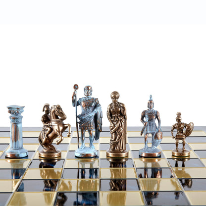 GREEK ROMAN PERIOD CHESS SET with blue/brown chessmen and bronze chessboard 44 x 44cm (Large) - Premium Chess from MANOPOULOS Chess & Backgammon - Just €275! Shop now at MANOPOULOS Chess & Backgammon