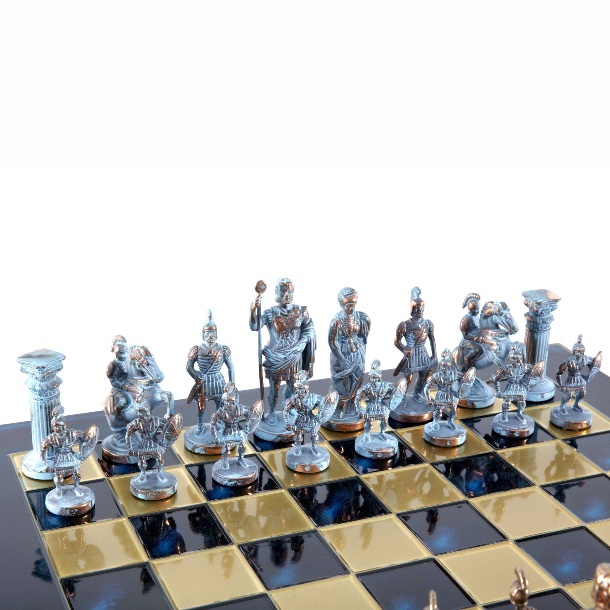 GREEK ROMAN PERIOD CHESS SET with blue/brown chessmen and bronze chessboard 44 x 44cm (Large) - Premium Chess from MANOPOULOS Chess & Backgammon - Just €275! Shop now at MANOPOULOS Chess & Backgammon