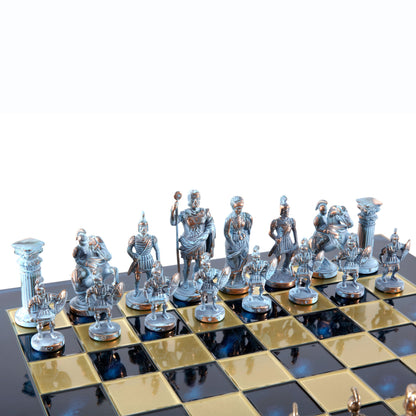 GREEK ROMAN PERIOD CHESS SET with blue/brown chessmen and bronze chessboard 44 x 44cm (Large) - Premium Chess from MANOPOULOS Chess & Backgammon - Just €275! Shop now at MANOPOULOS Chess & Backgammon