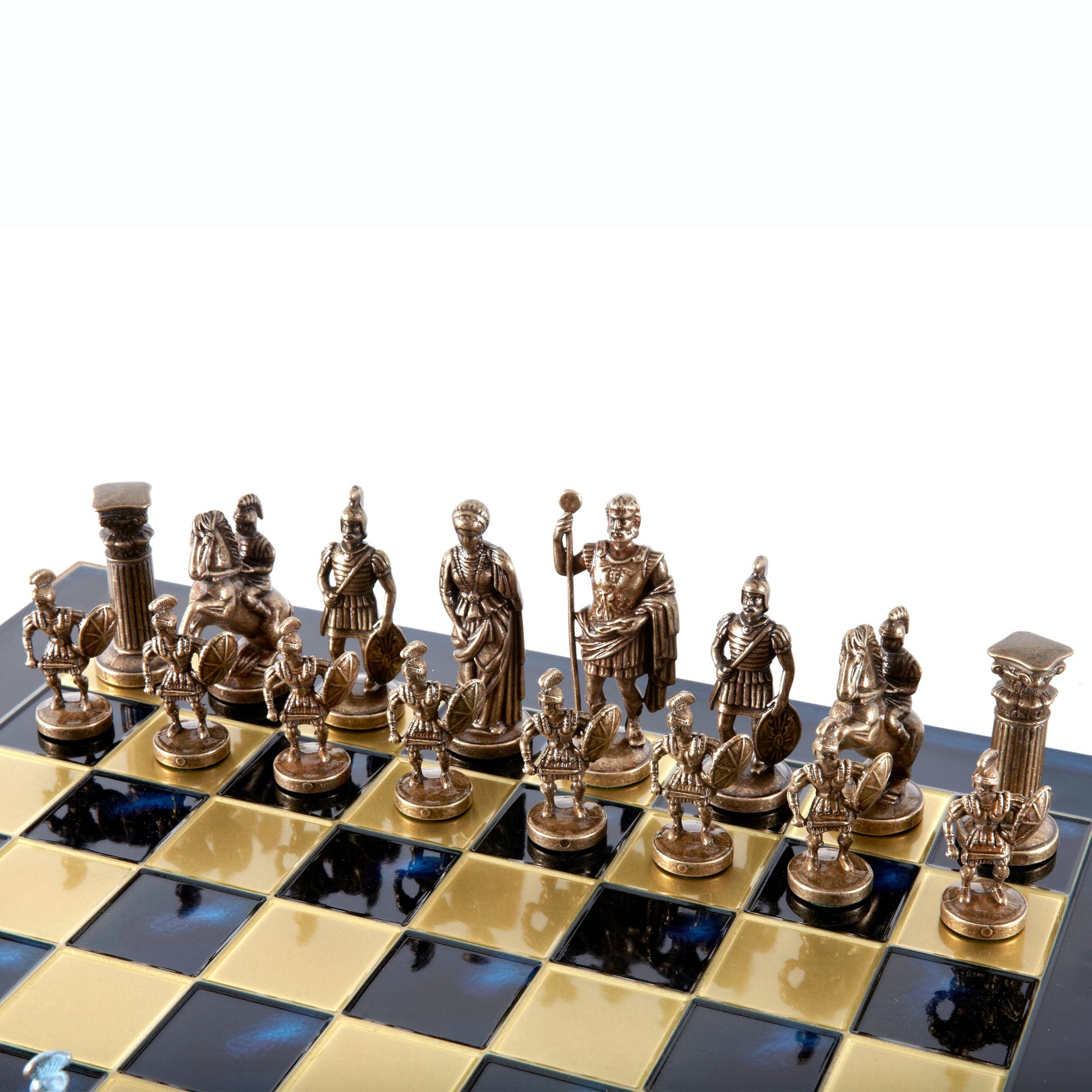 GREEK ROMAN PERIOD CHESS SET with blue/brown chessmen and bronze chessboard 44 x 44cm (Large) - Premium Chess from MANOPOULOS Chess & Backgammon - Just €275! Shop now at MANOPOULOS Chess & Backgammon