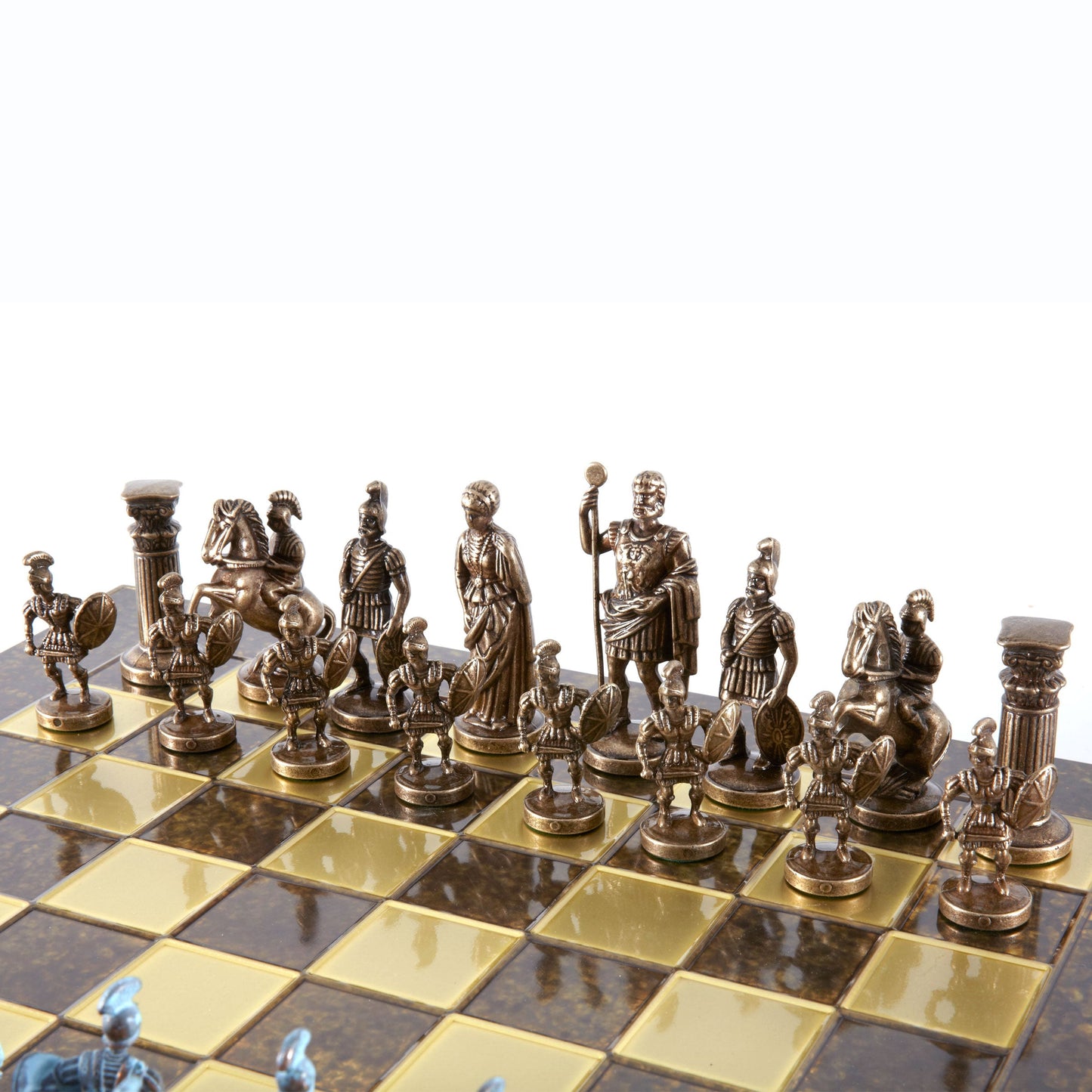 GREEK ROMAN PERIOD CHESS SET with blue/brown chessmen and bronze chessboard 44 x 44cm (Large) - Premium Chess from MANOPOULOS Chess & Backgammon - Just €275! Shop now at MANOPOULOS Chess & Backgammon