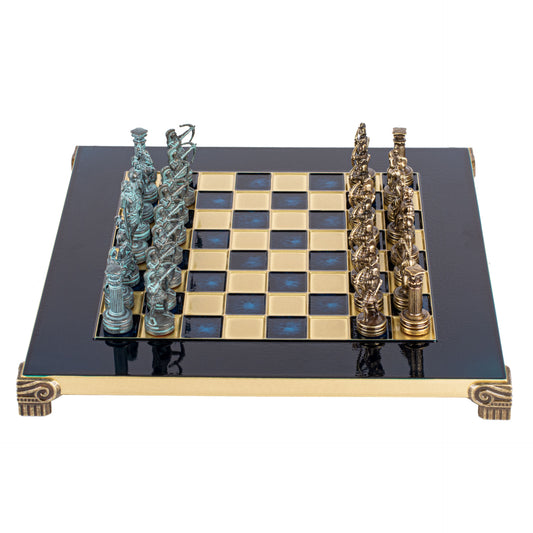 Handcrafted Luxury Archers Chess Set -Blue/Brass Chessmen and Bronze Chessboard (Small)