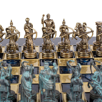 Handcrafted Luxury Archers Chess Set -Blue/Brass Chessmen and Bronze Chessboard (Small)