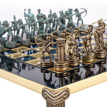 Handcrafted Luxury Archers Chess Set -Blue/Brass Chessmen and Bronze Chessboard (Small)