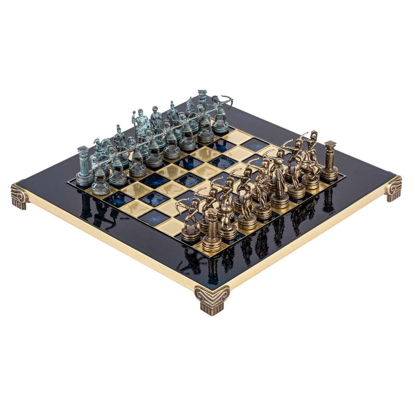 Handcrafted Luxury Archers Chess Set -Blue/Brass Chessmen and Bronze Chessboard (Small)